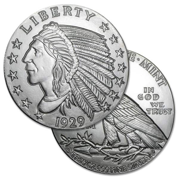 5 OUNCE Incuse Indian Silver Round - .999 Pure