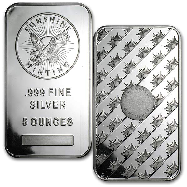 Sunshine Mint 5 Ounce Bar, .999 Pure Silver