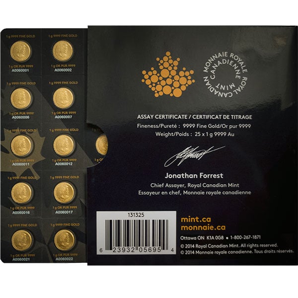 MapleGram25 - Qty 25 Maple Leaf 1 Gram Coins .9999 Pure Gold thumbnail