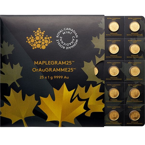 MapleGram25 - Qty 25 Maple Leaf 1 Gram Coins .9999 Pure Gold