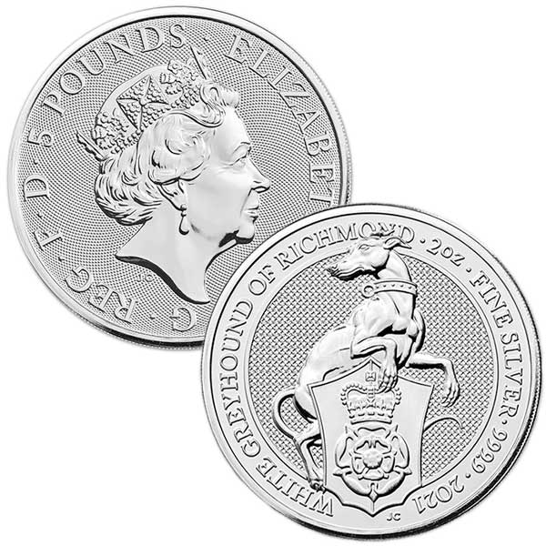 British Royal Mint Queen's Beast; White Greyhound - 2 Oz Silver Coin .9999 Pure