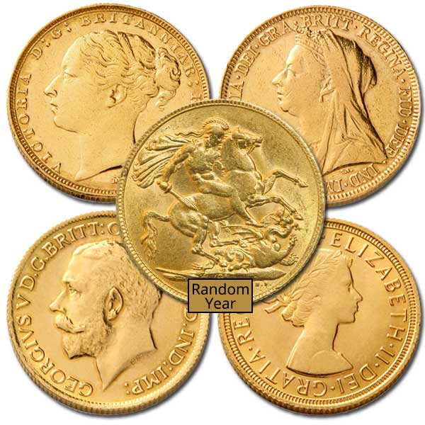 British Gold Sovereign - Circulated, Older Dates, Design our Choice, .2354 Oz thumbnail