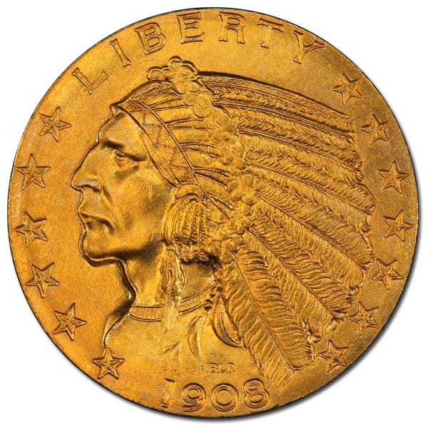 $5 Indian Head (1908–1916, 1929), 0.2419 Troy Ounce Gold Content