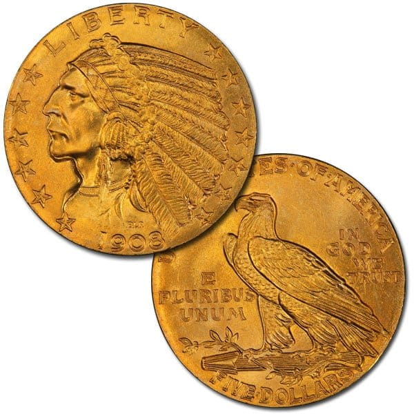 $5 Indian Head (1908–1916, 1929), 0.2419 Troy Ounce Gold Content