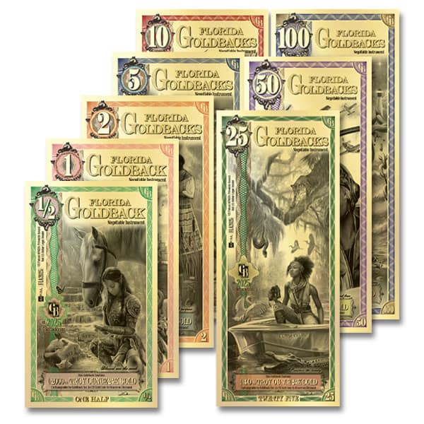 Florida Goldback State Bundle - One .9999 Gold-Backed Bill of Each Denomination (1/2, 1, 2, 5, 10, 25, 50 and 100)