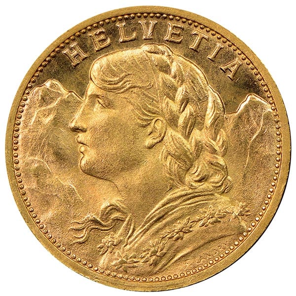 Swiss 20 Franc - .1867 Oz Gold, 90% Pure