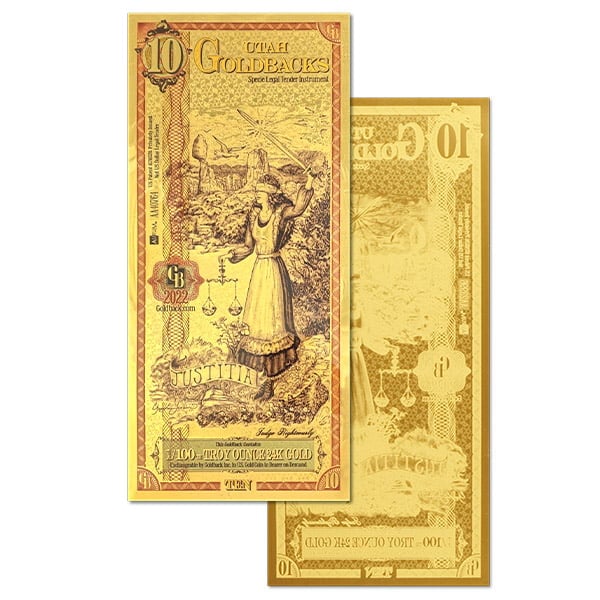 10 Utah Goldback - Justitia, 1/100th Troy Oz 24K Gold-Backed Bill