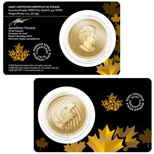 2016 Canadian Roaring Grizzly  - 1 Troy Oz. .99999 Pure Gold