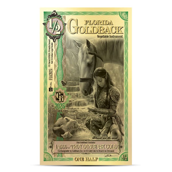 1/2 Florida Goldback - 1/2000th Troy Oz .9999 Gold-Backed Bill