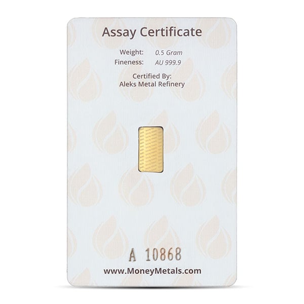 Money Metals Gold Bar, 1/2 Gram .9999 Pure in Assay Package