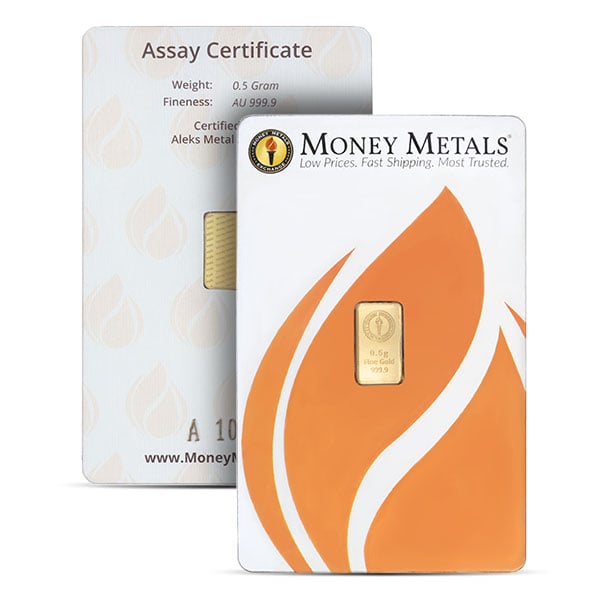 Money Metals Gold Bar, 1/2 Gram .9999 Pure in Assay Package