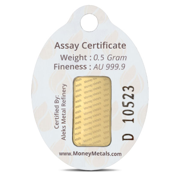 Money Metals Gold Bar, 1/2 Gram .9999 Pure in Keychain Assay Package