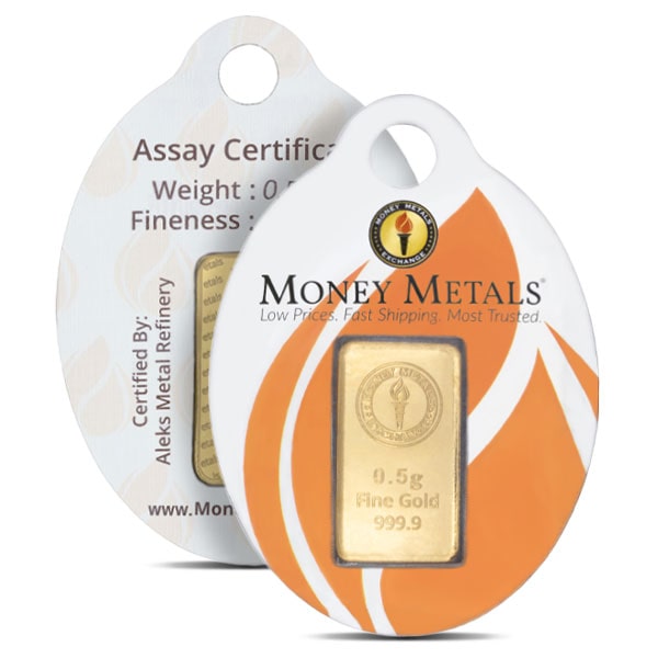 Money Metals Gold Bar, 1/2 Gram .9999 Pure in Keychain Assay Package