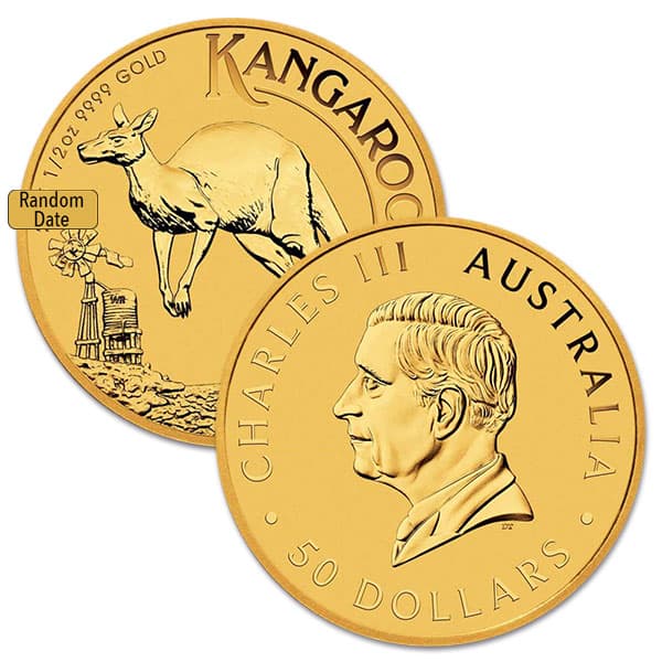 1/2 Oz Gold Australian Kangaroo, King Charles III - .9999 Pure (Random Date)