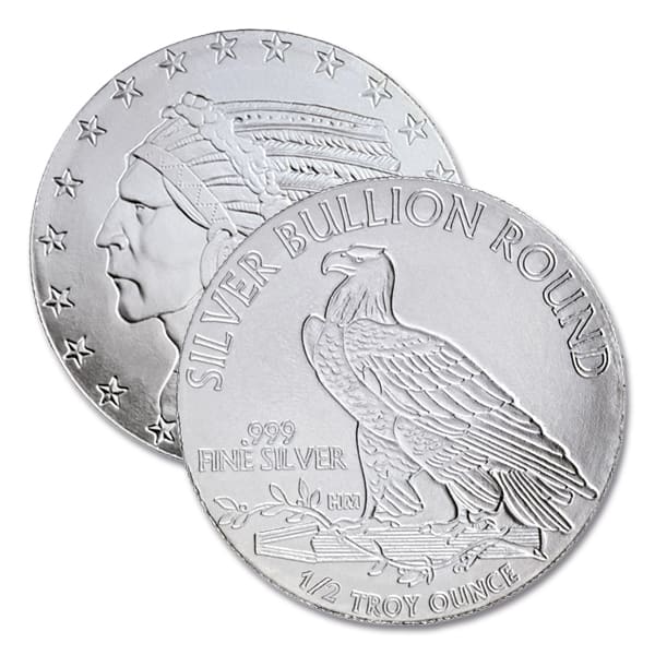 1/2 Troy Ounce Incuse Indian Silver Round, .999 Pure