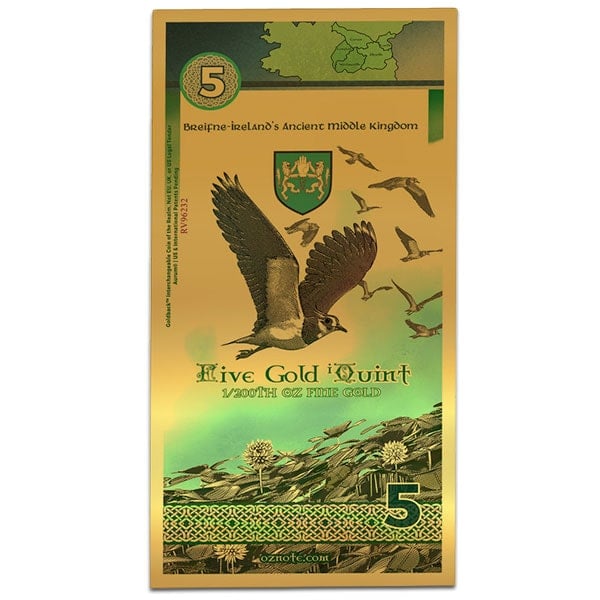 Ireland Kingdom of Breifne Goldback - 5 iQuint Gold Note, 1/200th Oz 24k Gold