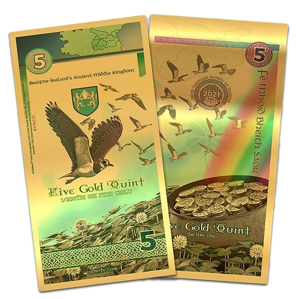 Ireland Kingdom of Breifne Goldback - 5 iQuint Gold Note, 1/200th Oz 24k Gold thumbnail
