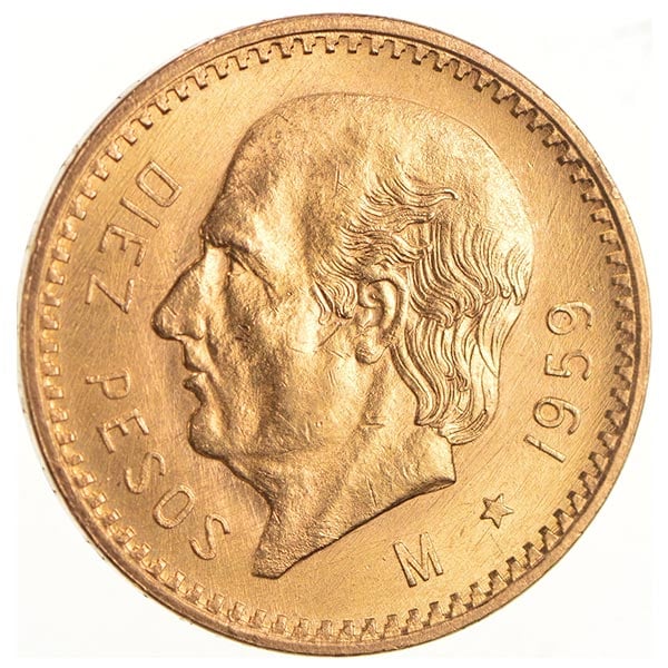 Mexican 10 Peso Gold Coin, .2411 Ounces Gold Content