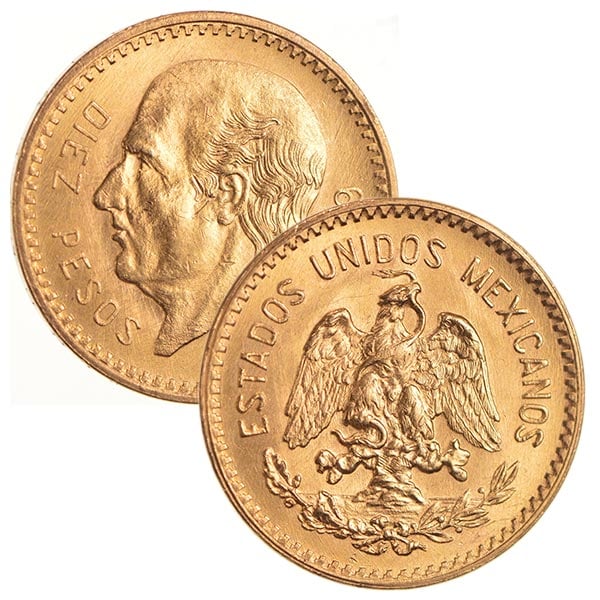 Mexican 10 Peso Gold Coin, .2411 Ounces Gold Content