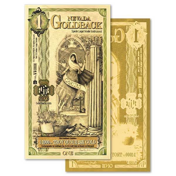 1 Nevada Goldback - Caritas, 1/1000th Troy Oz 24k Gold-Backed Bill