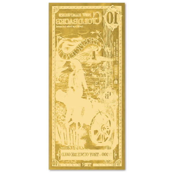 10 New Hampshire Goldback - Prospicientia, 1/100th Troy Oz .9999 Gold-Backed Bill thumbnail