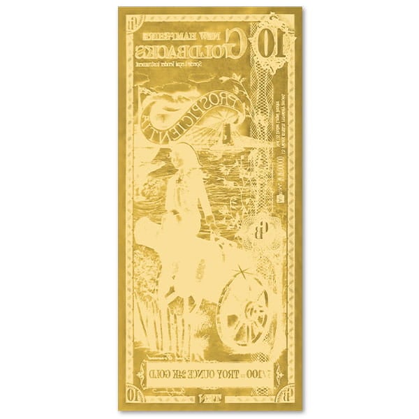 10 New Hampshire Goldback - Prospicientia, 1/100th Troy Oz 24K Gold-Backed Bill