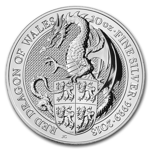 2018 British Royal Mint Queen's Beast; Dragon - 10 Oz Silver Coin .9999 Pure