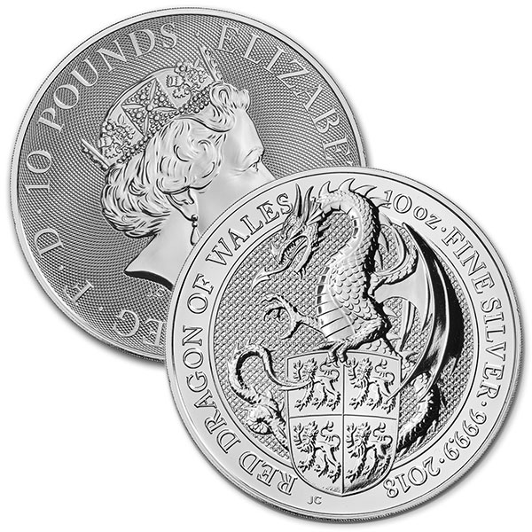 2018 British Royal Mint Queen's Beast; Dragon - 10 Oz Silver Coin .9999 Pure