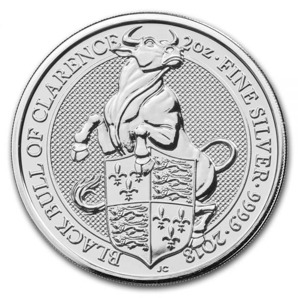 British Royal Mint Queen's Beast; Black Bull - 2 Oz Silver Coin .9999 Pure thumbnail