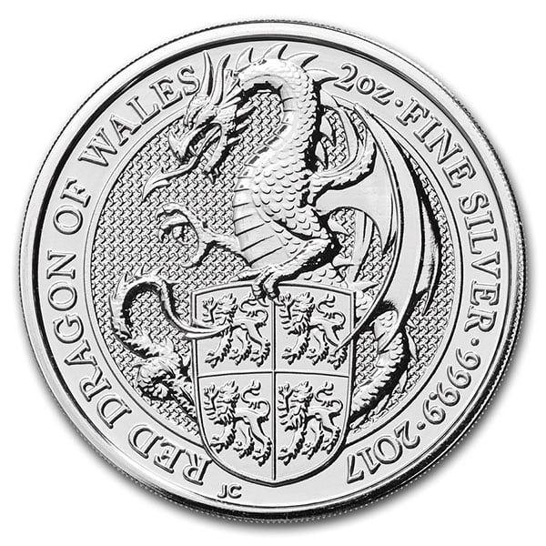 2017 British Royal Mint Queen's Beast; Dragon - 2 Oz Silver Coin .9999 Pure