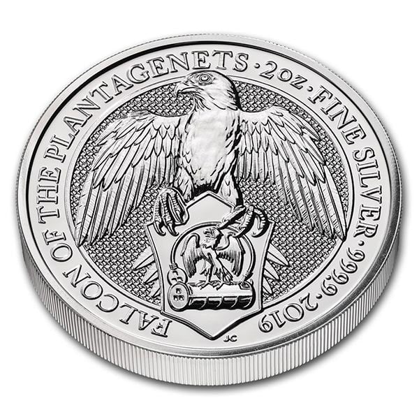2019 British Royal Mint Queen's Beast; Falcon - 2 Oz Silver Coin .9999 Pure