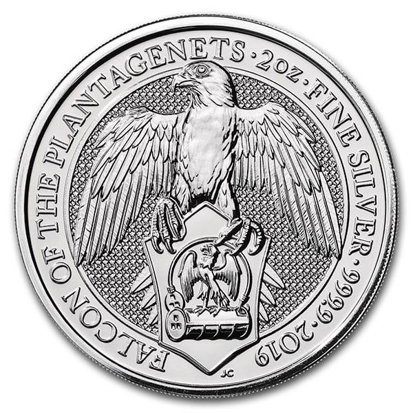 British Royal Mint Queen's Beast; Falcon - 2 Oz Silver Coin .9999 Pure thumbnail