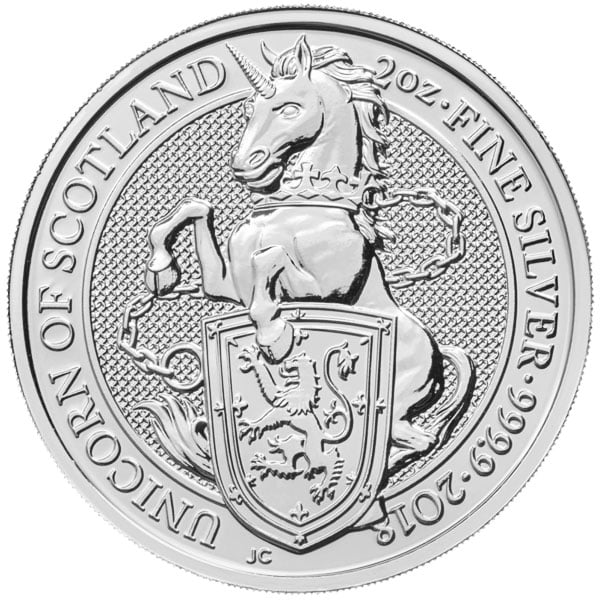 British Royal Mint Queen's Beast; Unicorn - 2 Oz Silver Coin .9999 Pure thumbnail