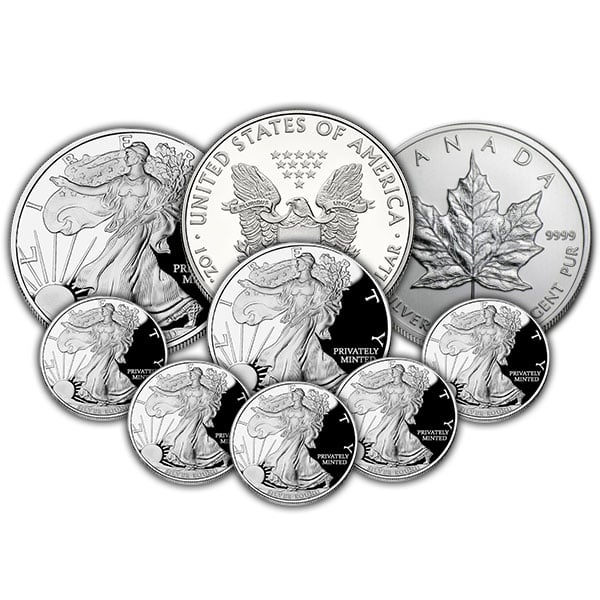 Silver Starter Kit -- Employee Price -- Containing (1) American Silver Eagle, (1) Canadian Silver Maple Leaf, (1) 1 Oz Walking Liberty Round, (1) Half Oz Walking Liberty Round, and (5) 1/10th Oz Walking Liberty Rounds