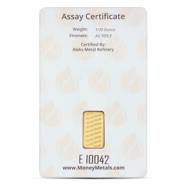 MMX 1/10 Oz Gold Bar - .9999 Pure in Assay Package