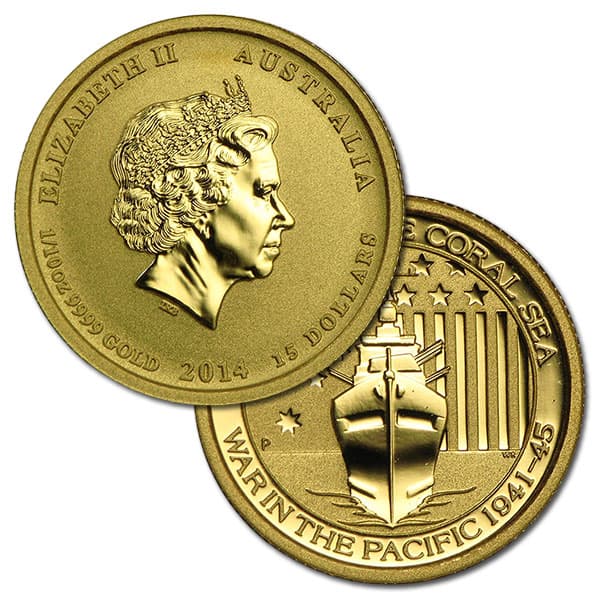 1/10 Oz Gold Australian Battle of the Coral Sea Coin, .9999 Pure (Dates Our Choice)