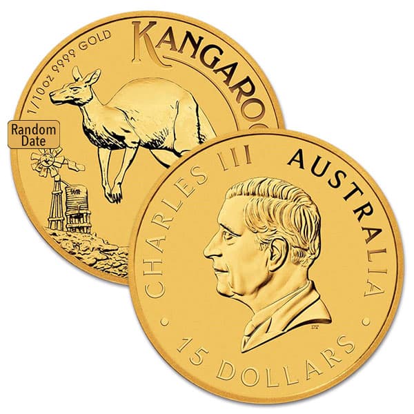 1/10 Oz Gold Australian Kangaroo, King Charles III - .9999 Pure (Random Date)