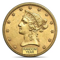 $10 Liberty U.S. Gold (1866-1907), Almost Uncirculated (AU), 0.4838 Troy Ounce Gold Content