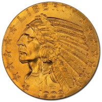 $5 Indian Head (1908–1916, 1929), 0.2419 Troy Ounce Gold Content