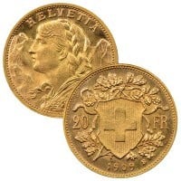Swiss 20 Franc - .1867 Oz Gold, 90% Pure