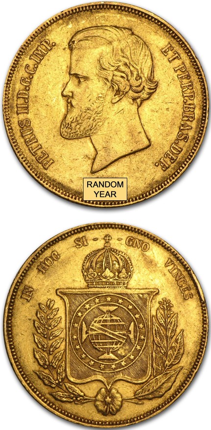 Random Date Brazil Gold 20,000 Reis Pedro II (.5286-oz AGW)