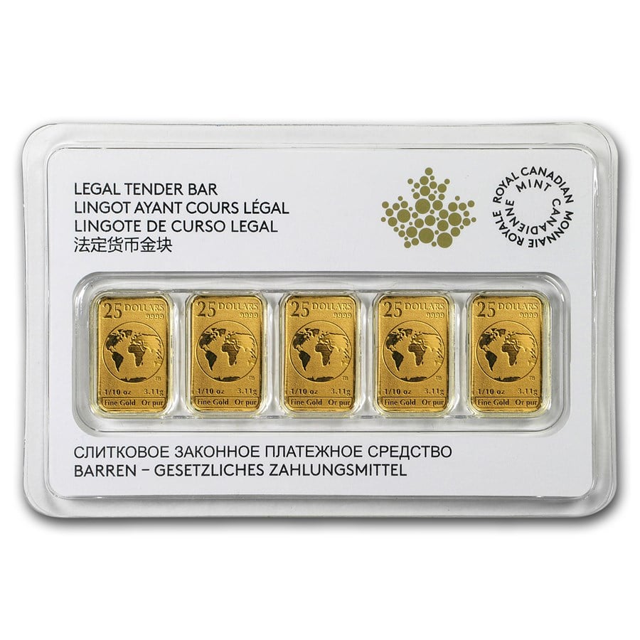Canadian 2016 Legal Tender 1/10-oz Gold Bars (Pkg Contains 5 Bars)