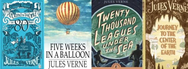 4 Books by Jules Verne - Around the World in 80 Days, 5 Weeks in a Balloon, 20,000 Leagues Under the Sea, Journey to the Center of the Earth