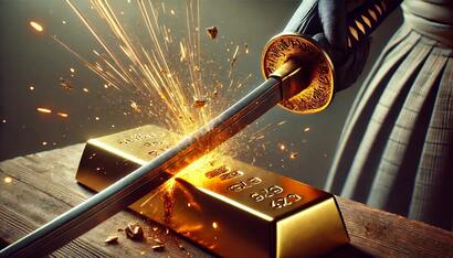 Samurai cutting gold bar with samuari sword katana