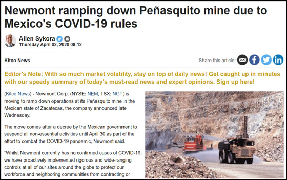 Newmont Ramping down Peñasquito Mine due to Mexico's Covid-19 Rules