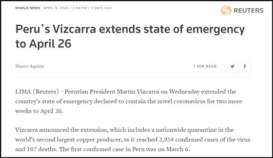 Peru's Vizcarra Extends State of Emergency to April 26