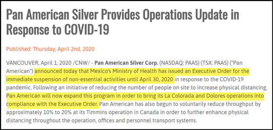 Pan American Silver Provides Operations Update in Response to Covid-19