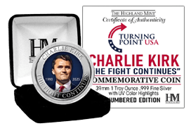 Charlie Kirk 1 Oz Silver Rounds (Colorized) with Box + COA | Shop Now >