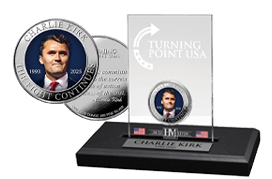 Charlie Kirk 1 oz Silver Rounds (Colorized) in Display Stand | Shop Now >