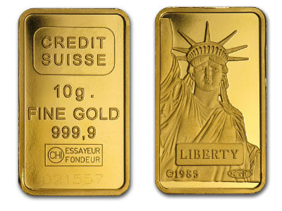 Vintage 1985 10 x 10g Sheets of Credit Suisse Statue of Liberty Gold Bars